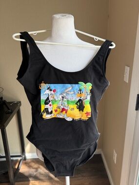 Vintage 1995 Black Looney Tunes Graphic Bodysuit featuring Bugs Bunny & Friends
